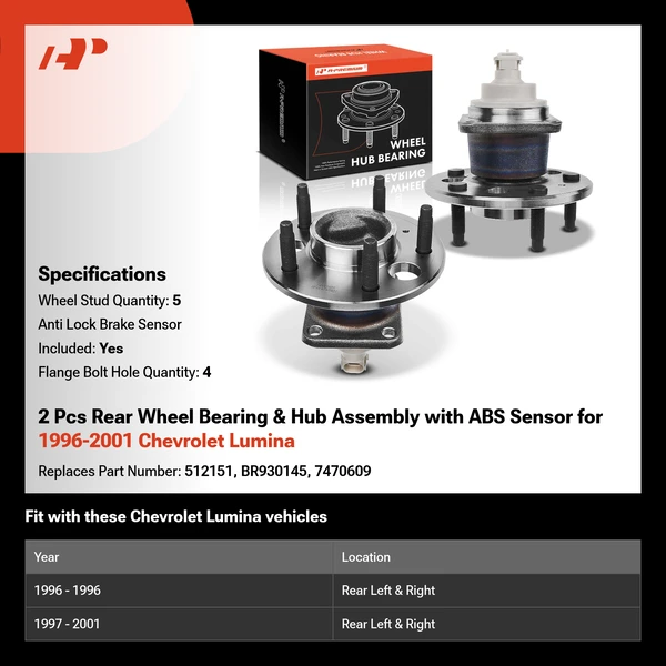 2 Pcs Rear Wheel Bearing & Hub Assembly with ABS Sensor for 1996-2001 Chevrolet Lumina