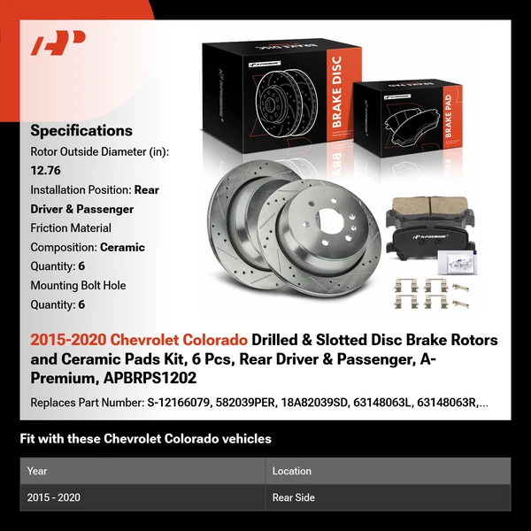 2015-2020 Chevrolet Colorado Drilled & Slotted Disc Brake Rotors and Ceramic Pads Kit, 6 Pcs, Rear Driver & Passenger, A-Premium, APBRPS1202