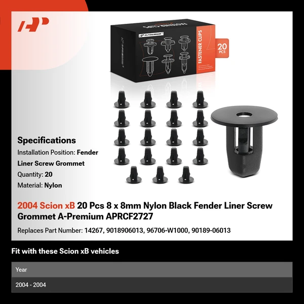 2004 Scion xB 20 Pcs 8 x 8mm Nylon Black Fender Liner Screw Grommet A-Premium APRCF2727
