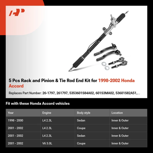 5 Pcs Rack and Pinion & Tie Rod End Kit for 1998-2002 Honda Accord
