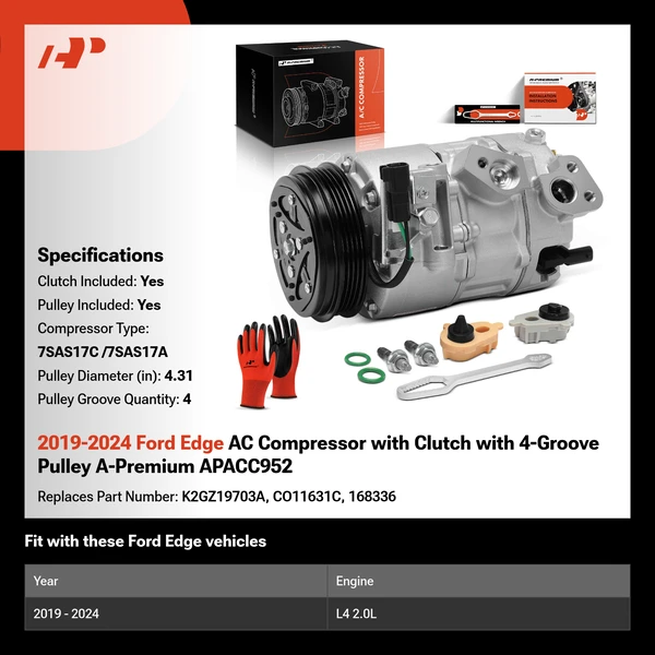 2019-2024 Ford Edge AC Compressor with Clutch with 4-Groove Pulley A-Premium APACC952