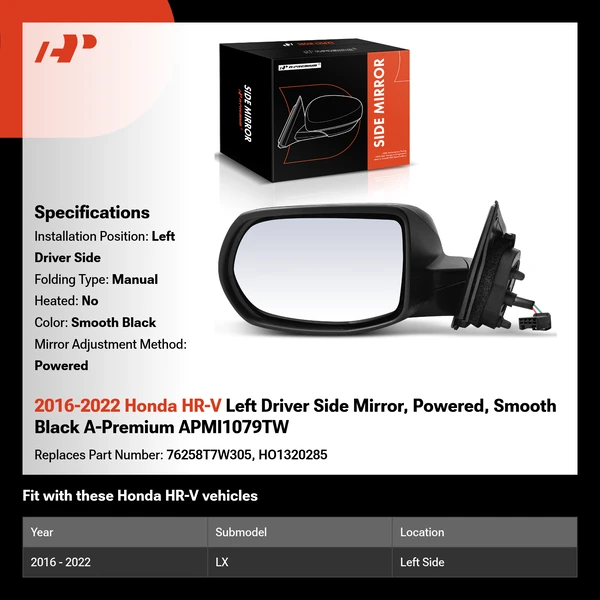 2016-2022 Honda HR-V Left Driver Side Mirror, Powered, Smooth Black A-Premium APMI1079TW
