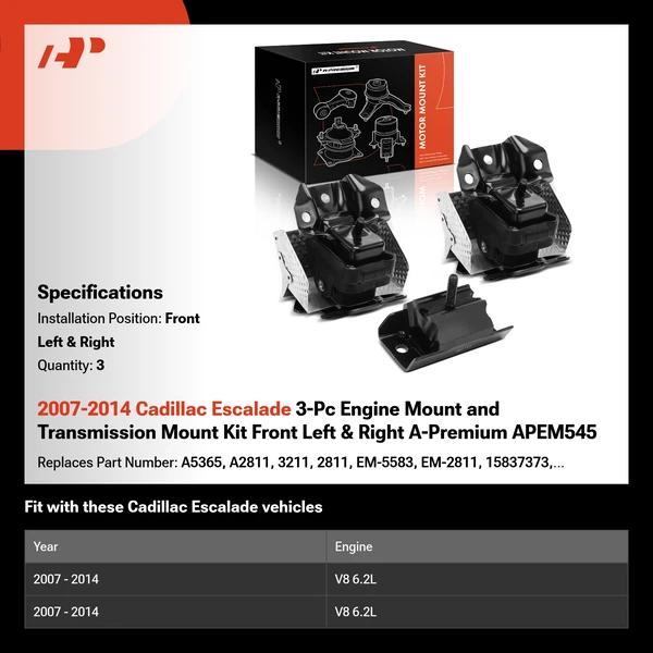 2007-2014 Cadillac Escalade 3-Pc Engine Mount and Transmission Mount Kit Front Left & Right A-Premium APEM545