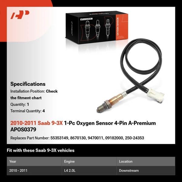 2010-2011 Saab 9-3X 1-Pc Oxygen Sensor 4-Pin A-Premium APOS0379
