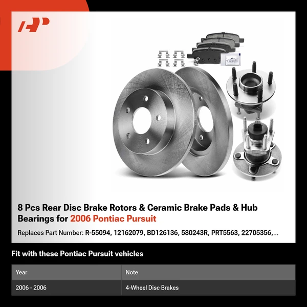 8 Pcs Rear Disc Brake Rotors & Ceramic Brake Pads & Hub Bearings for 2006 Pontiac Pursuit