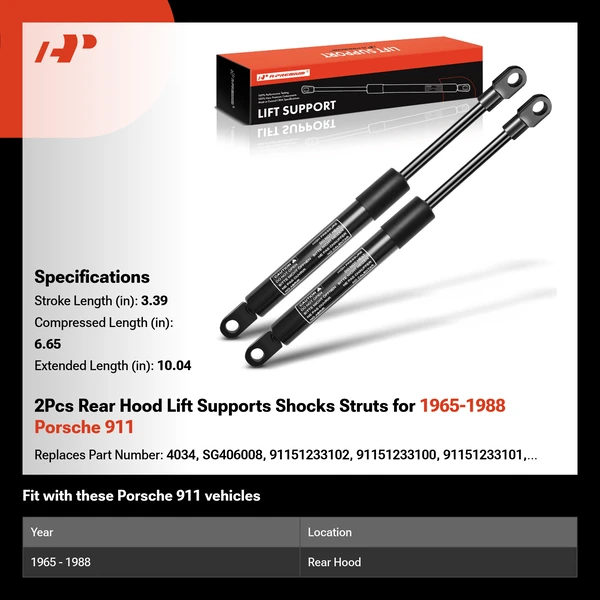 2Pcs Rear Hood Lift Supports Shocks Struts for 1965-1988 Porsche 911