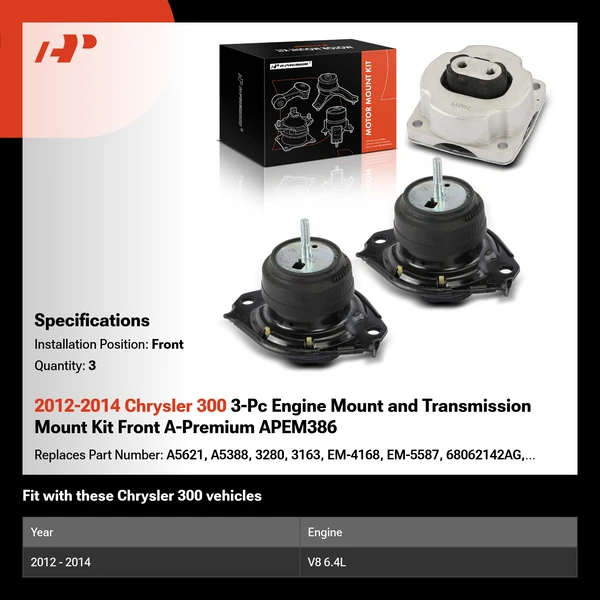 2012-2014 Chrysler 300 3-Pc Engine Mount and Transmission Mount Kit Front A-Premium APEM386