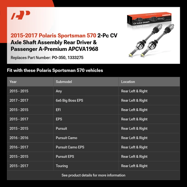 2015-2017 Polaris Sportsman 570 2-Pc CV Axle Shaft Assembly Rear Driver & Passenger A-Premium APCVA1968