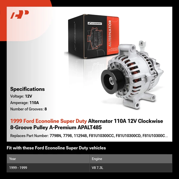 1999 Ford Econoline Super Duty Alternator 110A 12V Clockwise 8-Groove Pulley A-Premium APALT485