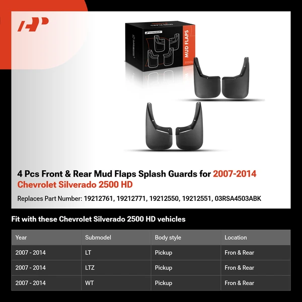 4 Pcs Front & Rear Mud Flaps Splash Guards for 2007-2014 Chevrolet Silverado 2500 HD