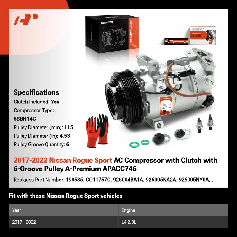 2017-2022 Nissan Rogue Sport AC Compressor with Clutch with 6-Groove Pulley A-Premium APACC746