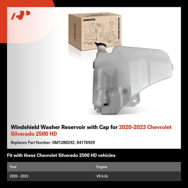 Windshield Washer Reservoir with Cap for 2020-2023 Chevrolet Silverado 2500 HD