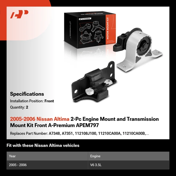 2005-2006 Nissan Altima 2-Pc Engine Mount and Transmission Mount Kit Front A-Premium APEM797
