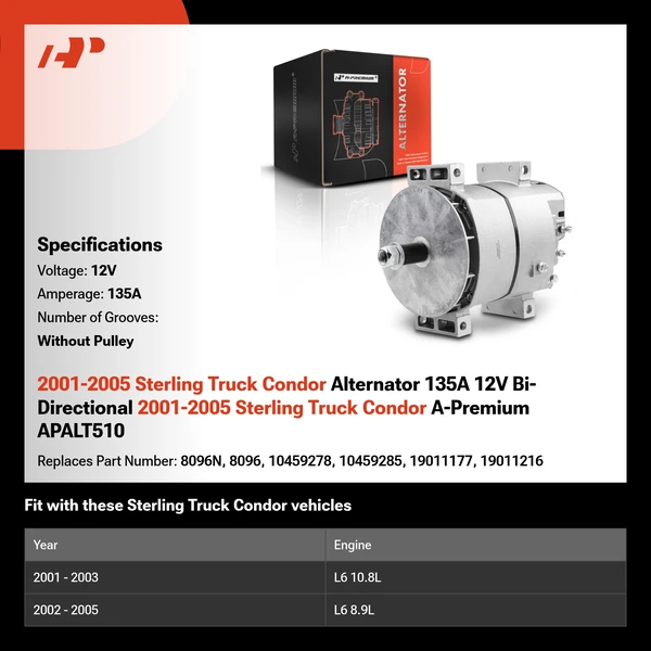 2001-2005 Sterling Truck Condor Alternator 135A 12V Bi-Directional 2001-2005 Sterling Truck Condor A-Premium APALT510