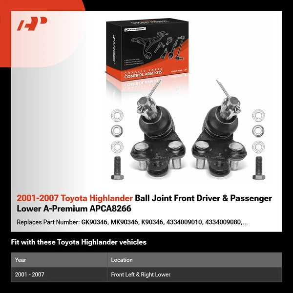2001-2007 Toyota Highlander Ball Joint Front Driver & Passenger Lower A-Premium APCA8266