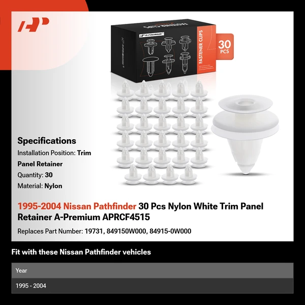 1995-2004 Nissan Pathfinder 30 Pcs Nylon White Trim Panel Retainer A-Premium APRCF4515