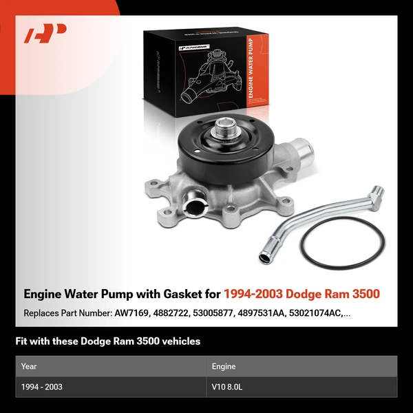 Engine Water Pump with Gasket for 1994-2003 Dodge Ram 3500