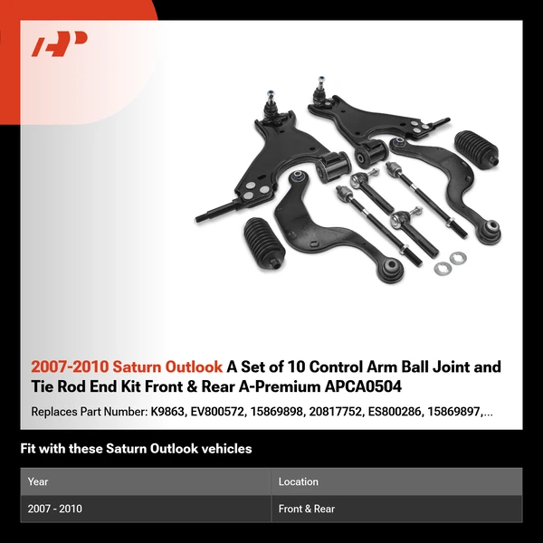 2007-2010 Saturn Outlook A Set of 10 Control Arm Ball Joint and Tie Rod End Kit Front & Rear A-Premium APCA0504