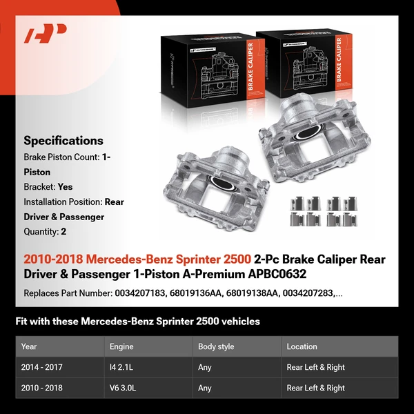2010-2018 Mercedes-Benz Sprinter 2500 2-Pc Brake Caliper Rear Driver & Passenger 1-Piston A-Premium APBC0632