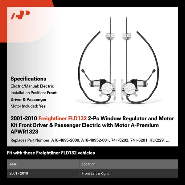 2001-2010 Freightliner FLD132 2-Pc Window Regulator and Motor Kit Front Driver & Passenger Electric with Motor A-Premium APWR1328