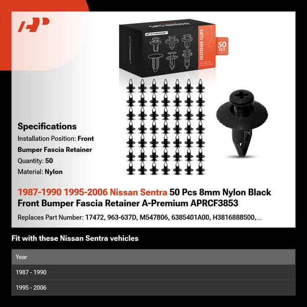 1987-1990 1995-2006 Nissan Sentra 50 Pcs 8mm Nylon Black Front Bumper Fascia Retainer A-Premium APRCF3853