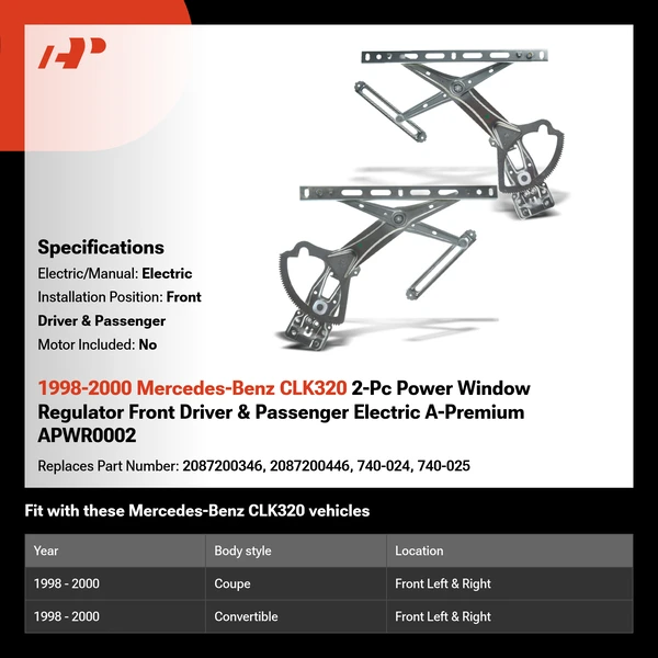 1998-2000 Mercedes-Benz CLK320 2-Pc Power Window Regulator Front Driver & Passenger Electric A-Premium APWR0002