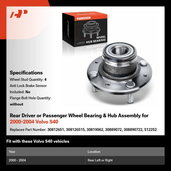 Rear Driver or Passenger Wheel Bearing & Hub Assembly for 2000-2004 Volvo S40