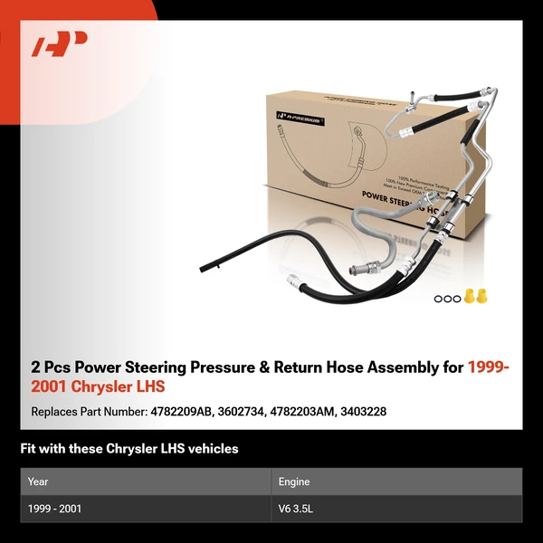 2 Pcs Power Steering Pressure & Return Hose Assembly for 1999-2001 Chrysler LHS
