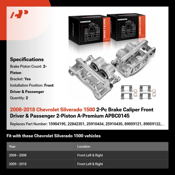 2008-2018 Chevrolet Silverado 1500 2-Pc Brake Caliper Front Driver & Passenger 2-Piston A-Premium APBC0145