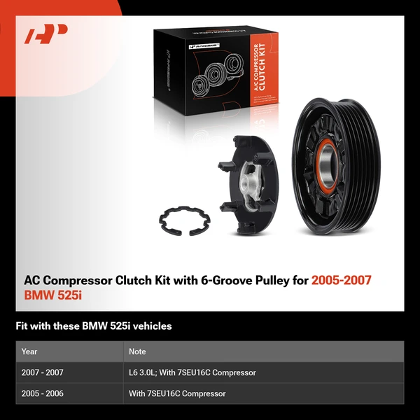 AC Compressor Clutch Kit with 6-Groove Pulley for 2005-2007 BMW 525i