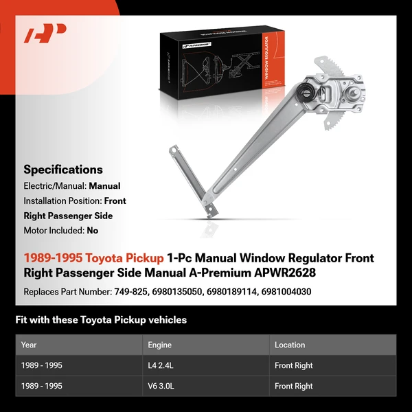 1989-1995 Toyota Pickup 1-Pc Manual Window Regulator Front Right Passenger Side Manual A-Premium APWR2628