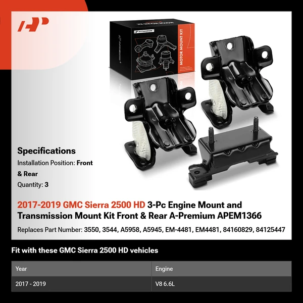 2017-2019 GMC Sierra 2500 HD 3-Pc Engine Mount and Transmission Mount Kit Front & Rear A-Premium APEM1366