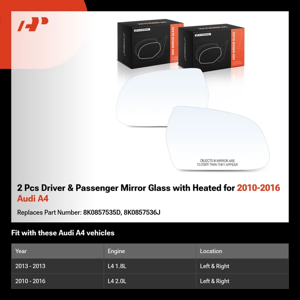 2 Pcs Driver & Passenger Mirror Glass with Heated for 2010-2016 Audi A4