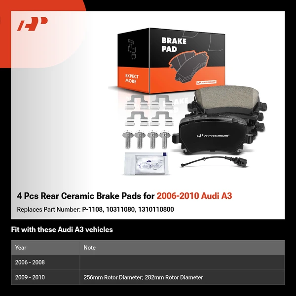 4 Pcs Rear Ceramic Brake Pads for 2006-2010 Audi A3
