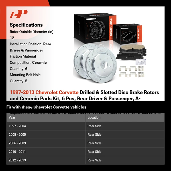 1997-2013 Chevrolet Corvette Drilled & Slotted Disc Brake Rotors and Ceramic Pads Kit, 6 Pcs, Rear Driver & Passenger, A-Premium, APBRPS1522
