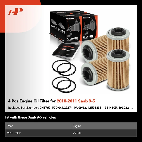 4 Pcs Engine Oil Filter for 2010-2011 Saab 9-5