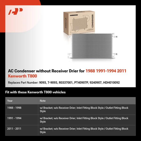 AC Condenser without Receiver Drier for 1988 1991-1994 2011 Kenworth T800