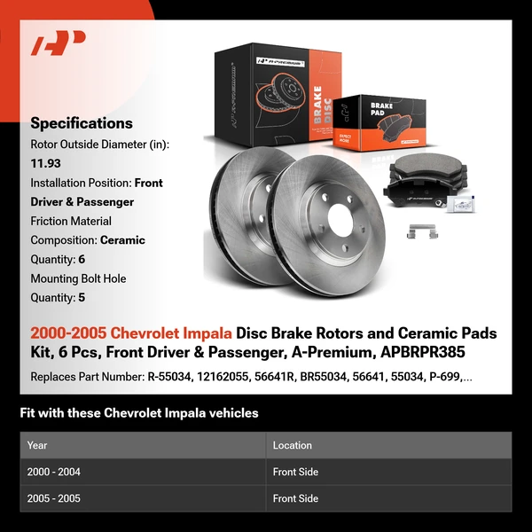 2000-2005 Chevrolet Impala Disc Brake Rotors and Ceramic Pads Kit, 6 Pcs, Front Driver & Passenger, A-Premium, APBRPR385