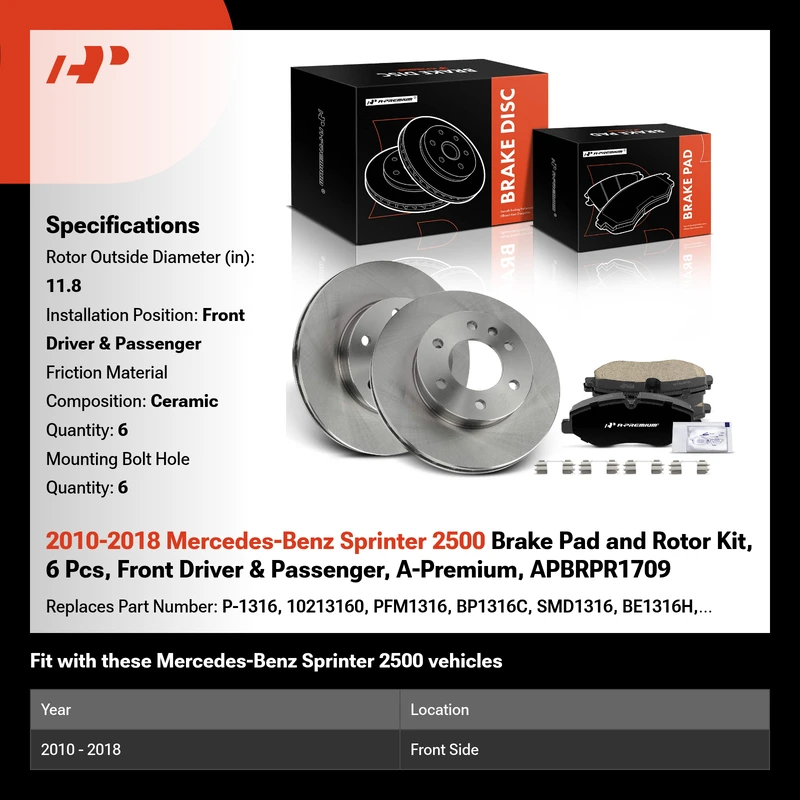 2010-2018 Mercedes-Benz Sprinter 2500 Brake Pad and Rotor Kit, 6 Pcs, Front Driver & Passenger, A-Premium, APBRPR1709