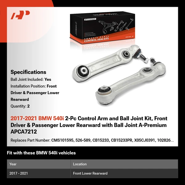 2017-2021 BMW 540i 2-Pc Control Arm and Ball Joint Kit, Front Driver & Passenger Lower Rearward with Ball Joint A-Premium APCA7212