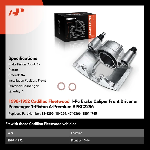 1990-1992 Cadillac Fleetwood 1-Pc Brake Caliper Front Driver or Passenger 1-Piston A-Premium APBC2296