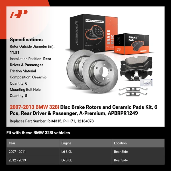 2007-2013 BMW 328i Disc Brake Rotors and Ceramic Pads Kit, 6 Pcs, Rear Driver & Passenger, A-Premium, APBRPR1249