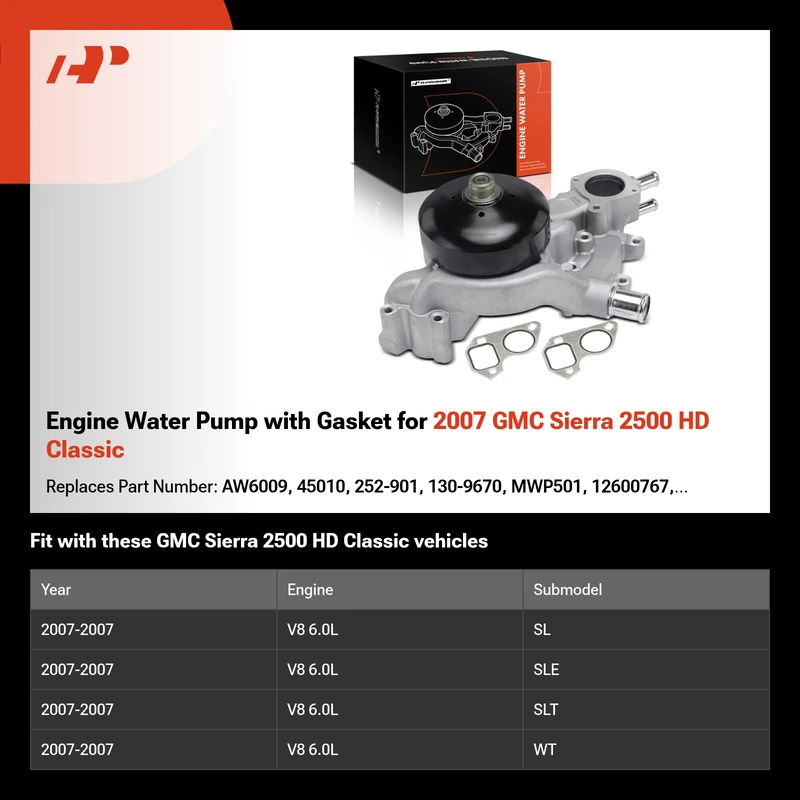 Engine Water Pump with Gasket for 2007 GMC Sierra 2500 HD Classic