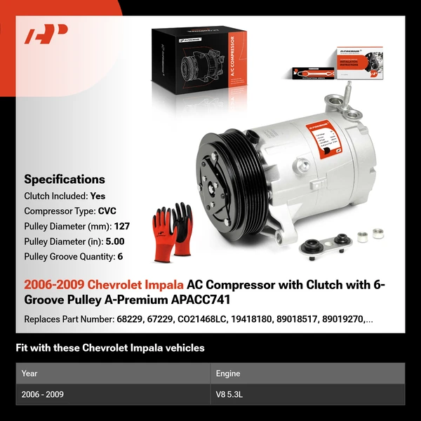 2006-2009 Chevrolet Impala AC Compressor with Clutch with 6-Groove Pulley A-Premium APACC741