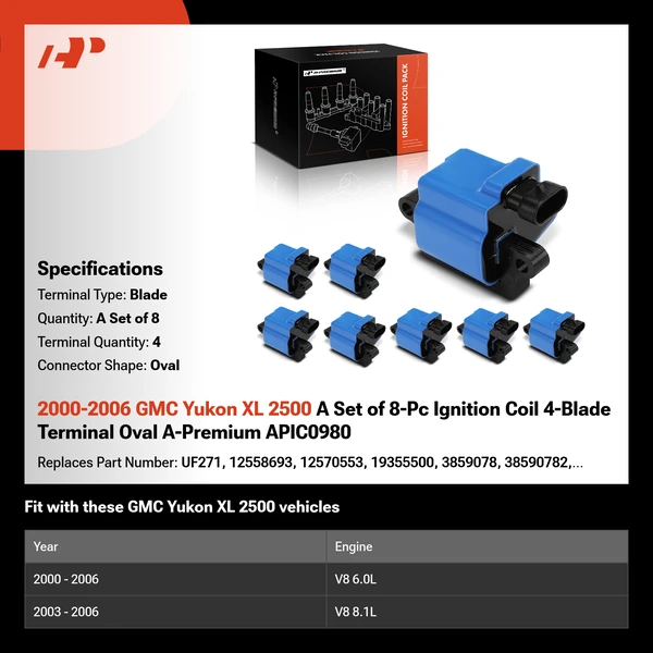 2000-2006 GMC Yukon XL 2500 A Set of 8-Pc Ignition Coil 4-Blade Terminal Oval A-Premium APIC0980
