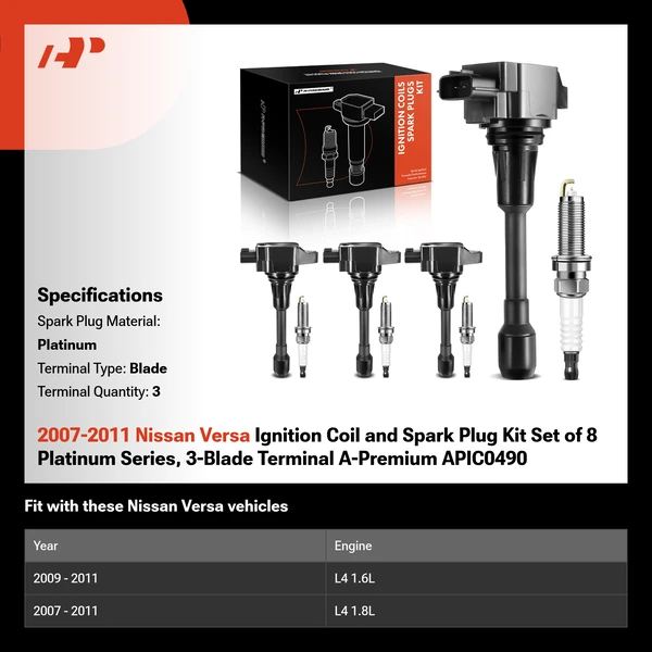 2007-2011 Nissan Versa Ignition Coil and Spark Plug Kit Set of 8 Platinum Series, 3-Blade Terminal A-Premium APIC0490