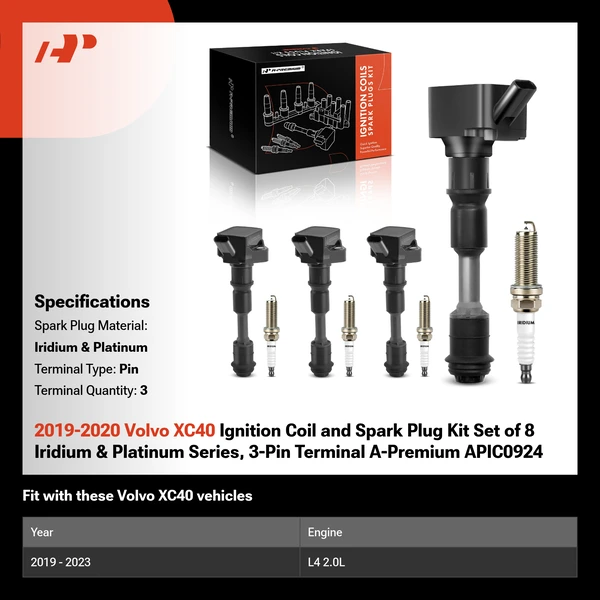 2019-2020 Volvo XC40 Ignition Coil and Spark Plug Kit Set of 8 Iridium & Platinum Series, 3-Pin Terminal A-Premium APIC0924