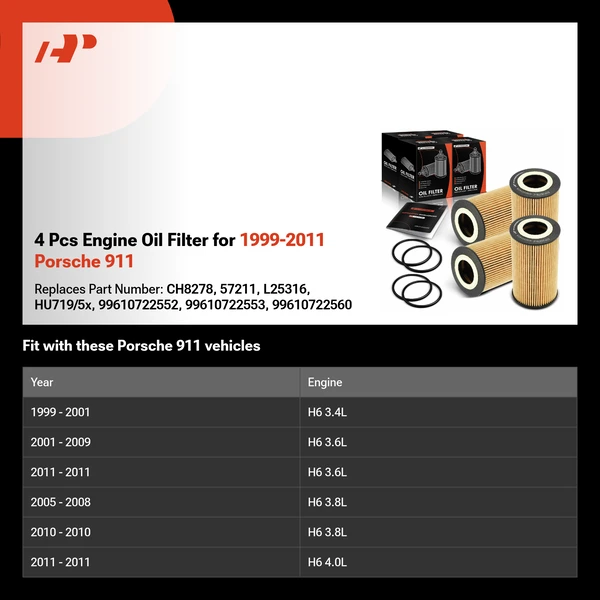 4 Pcs Engine Oil Filter for 1999-2011 Porsche 911
