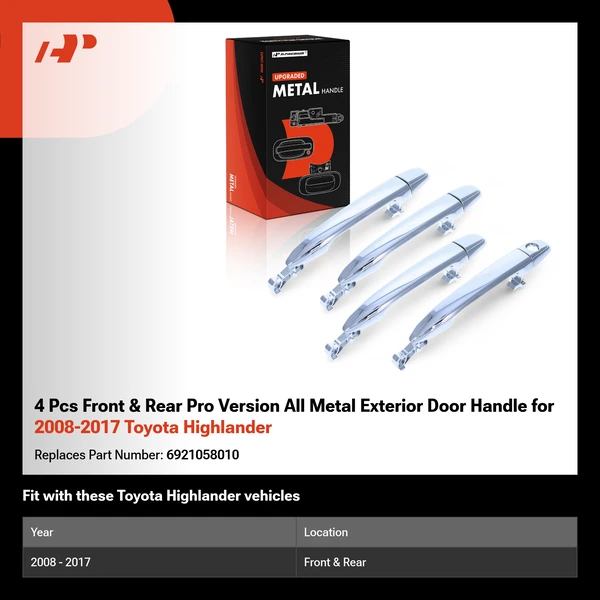 4 Pcs Front & Rear Pro Version All Metal Exterior Door Handle for 2008-2017 Toyota Highlander