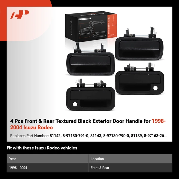 4 Pcs Front & Rear Textured Black Exterior Door Handle for 1998-2004 Isuzu Rodeo